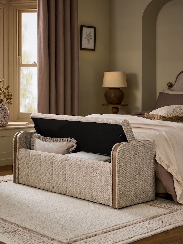 Natural Myla Upholstered Ottoman Storage Textured Boucle Weave Mid Bench - Image 2 of 10 Natural Myla Upholstered Ottoman Storage Textured Boucle Weave Mid Bench - Image 2 of 10