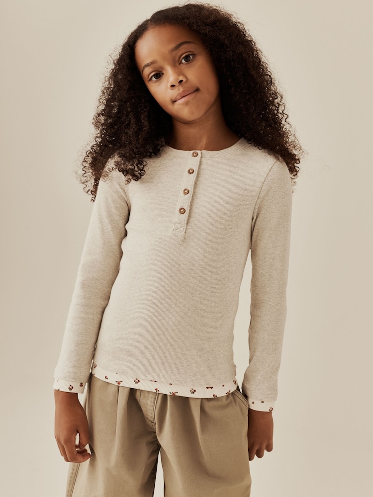 Grey Ditsy Long Sleeve Ribbed Henley Top (3-16yrs) - Image 1 of 4 Grey Ditsy Long Sleeve Ribbed Henley Top (3-16yrs) - Image 1 of 4