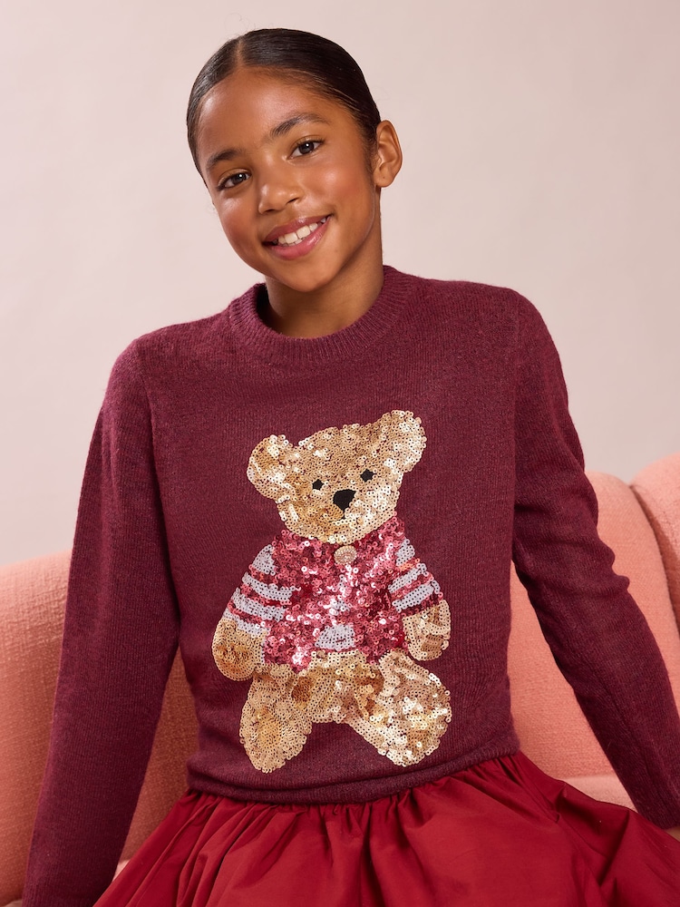 Бордово-красный с медвежонком - Lipsy Fine Gauge Knit Christmas Jumper (5-16yrs) - Изображение 1 6