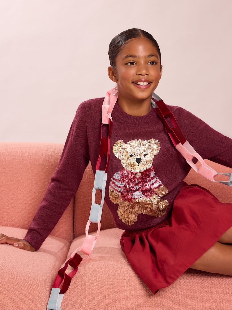 Бордово-красный с медвежонком - Lipsy Fine Gauge Knit Christmas Jumper (5-16yrs) - Изображение 2 6
