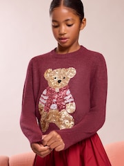 Бордово-красный с медвежонком - Lipsy Fine Gauge Knit Christmas Jumper (5-16yrs) - Изображение 3 6