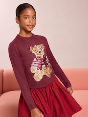 Бордово-красный с медвежонком - Lipsy Fine Gauge Knit Christmas Jumper (5-16yrs) - Изображение 5 6