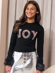 Lipsy Black Joy Knit Faux Fur Cuff  Christmas Jumper (5-16yrs) - Image 1 of 6