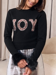 Lipsy Black Joy Knit Faux Fur Cuff  Christmas Jumper (5-16yrs) - Image 3 of 6