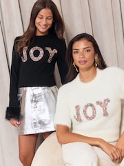Lipsy Black Joy Knit Faux Fur Cuff  Christmas Jumper (5-16yrs) - Image 4 of 6