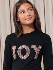 Lipsy Black Joy Knit Faux Fur Cuff  Christmas Jumper (5-16yrs) - Image 5 of 6