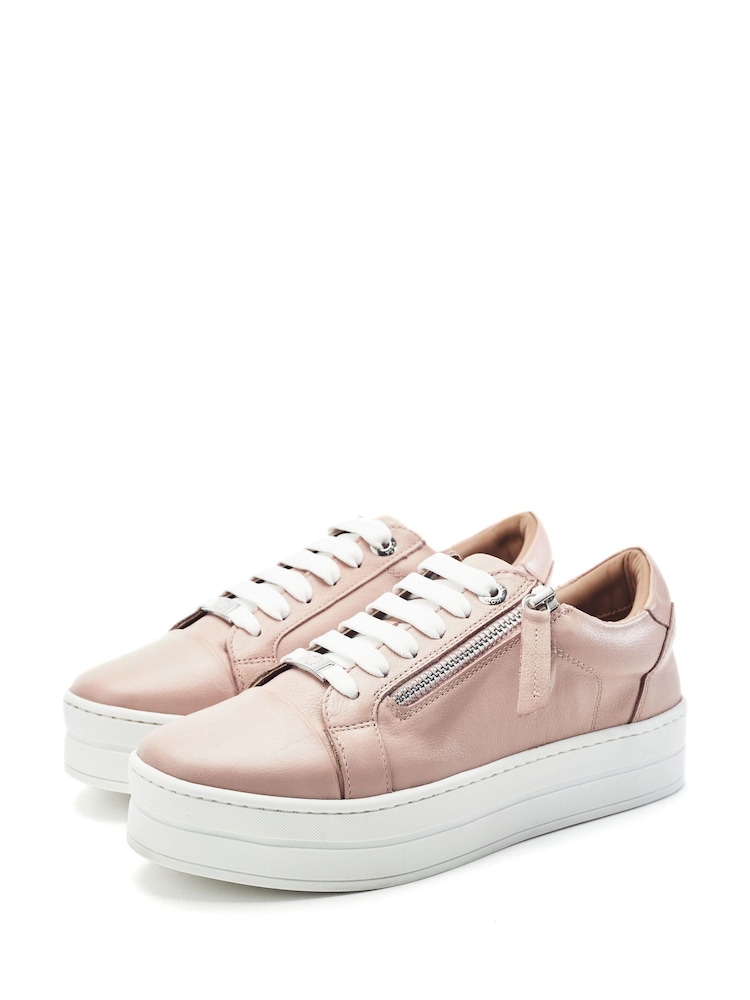 Moda in Pelle Natural Abbee Leather Slab Sole Lace Up Trainers With Zip - Image 2 of 4