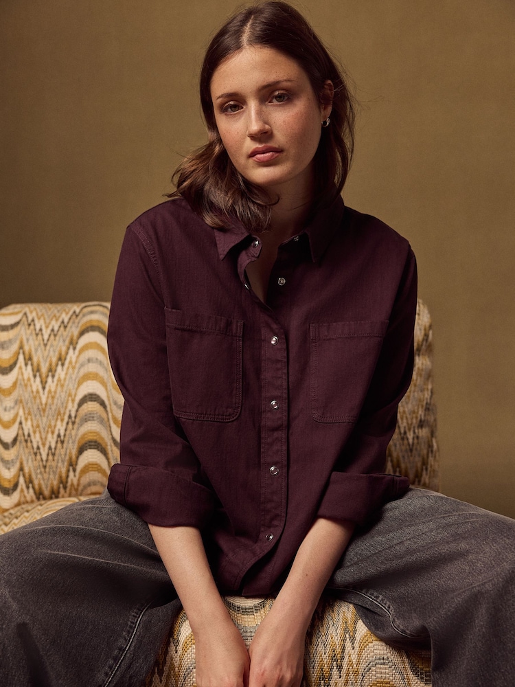 Burgundy Red Long Sleeve Denim Shirt - Image 1 of 5