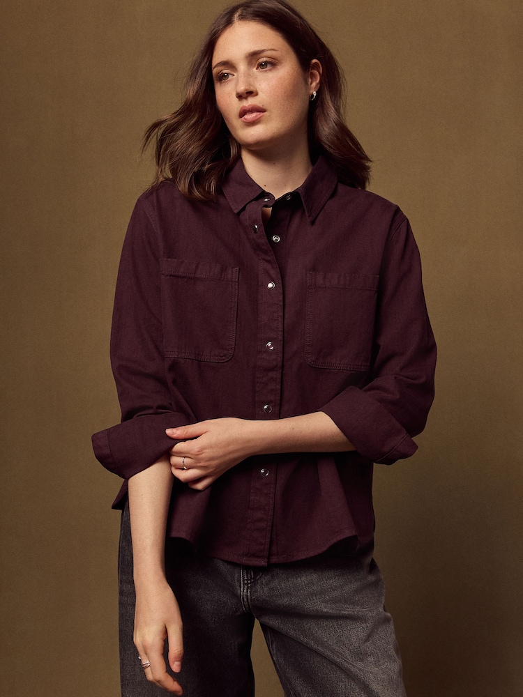 Burgundy Red Long Sleeve Denim Shirt - Image 2 of 5