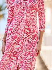 Sosandar Pink Zebra Print Ruched Front Shirt Dress - Image 4 of 5