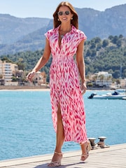 Sosandar Pink Tie Waist Tiered Hem Midi Dress - Image 1 of 5