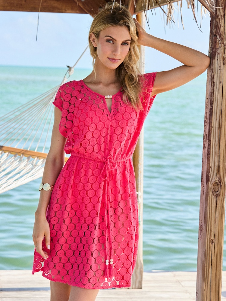 Sosandar Pink Crochet Bead Detail Tie Waist Beach Dress - Image 1 of 4