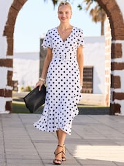 Sosandar Spot Print Fit & Flare Belted Midi Wrap Dress - Image 1 of 5