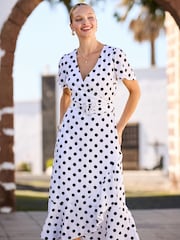 Sosandar Spot Print Fit & Flare Belted Midi Wrap Dress - Image 2 of 5