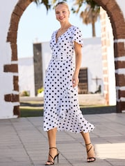 Sosandar Spot Print Fit & Flare Belted Midi Wrap Dress - Image 4 of 5