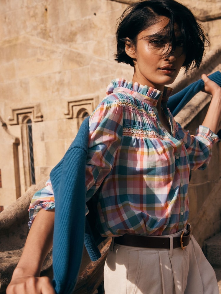 Boden Green Esme Smocked Detail Frill Blouse - Image 1 of 7