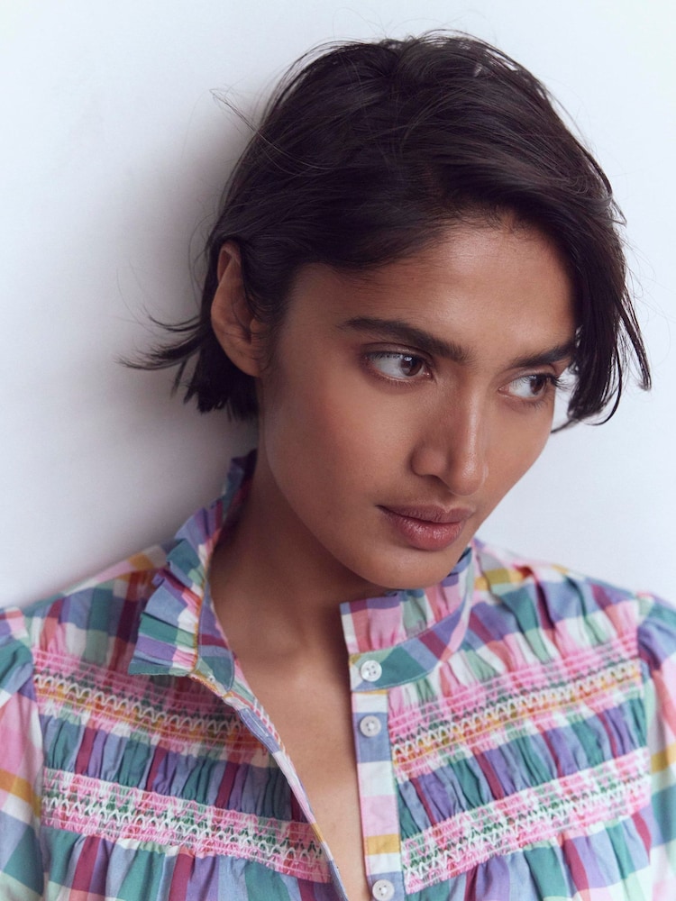 Boden Green Esme Smocked Detail Frill Blouse - Image 2 of 7