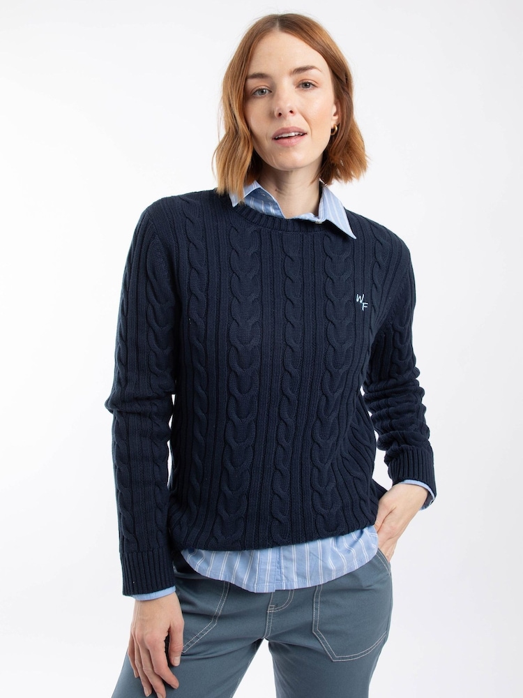 Weird Fish Blue Amberise Crew Neck Cable Knit Jumper - Image 1 of 6 Weird Fish Blue Amberise Crew Neck Cable Knit Jumper - Image 1 of 6