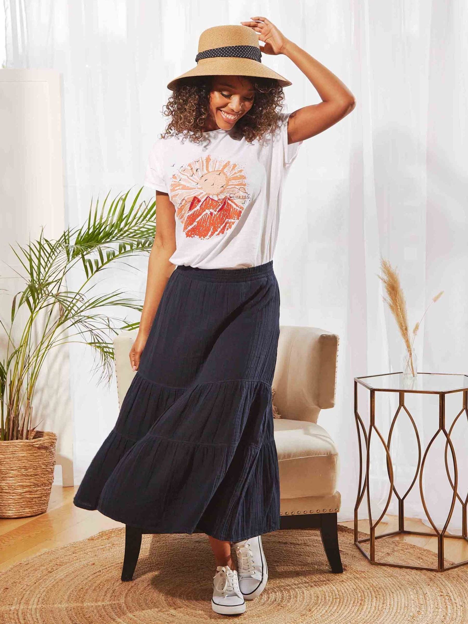 Buy Weird Fish Blue Lathika Double Cloth Tiered Midi Skirt from