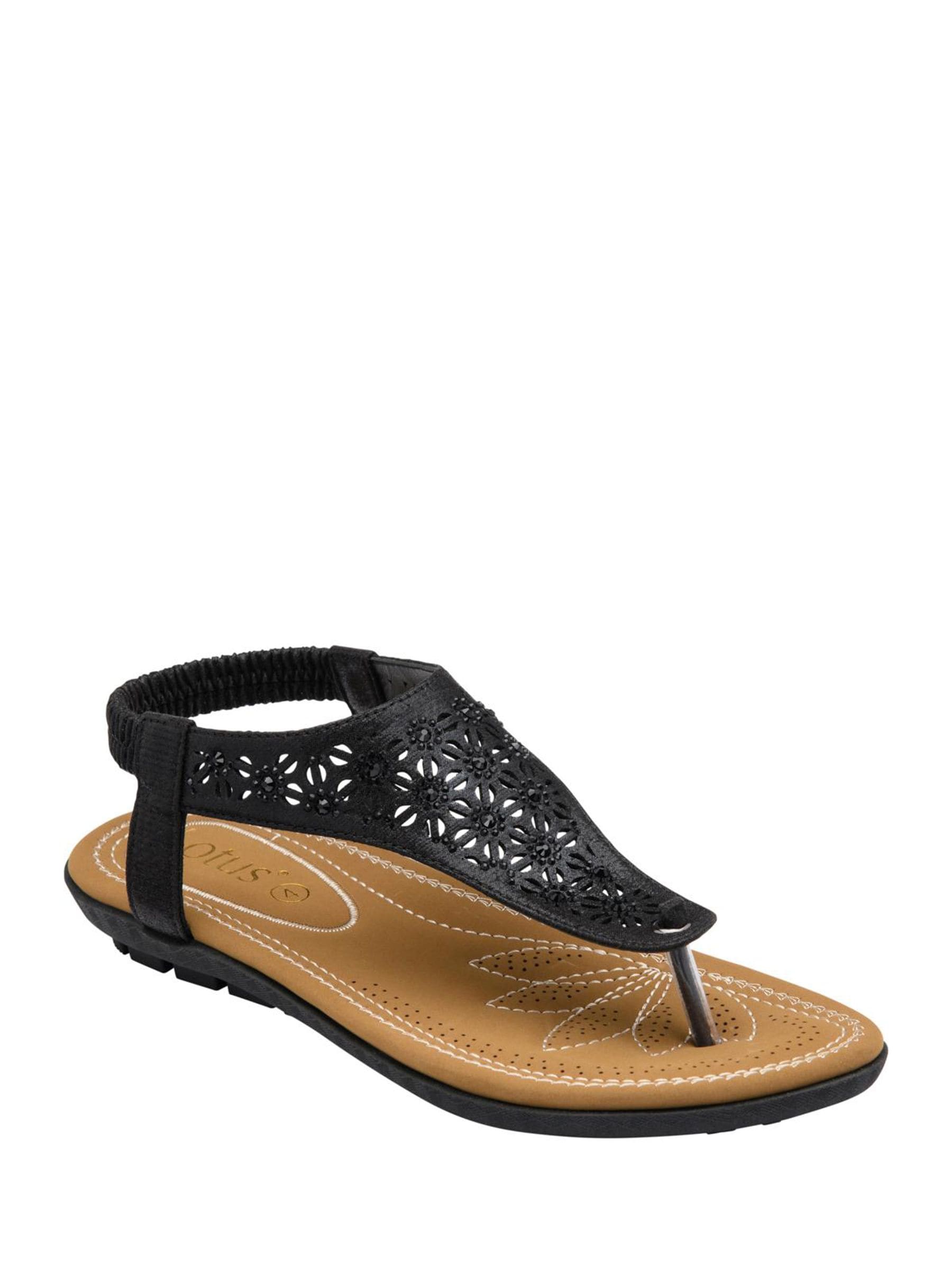 Lotus Women's Black Flat Toe-Post Sandals