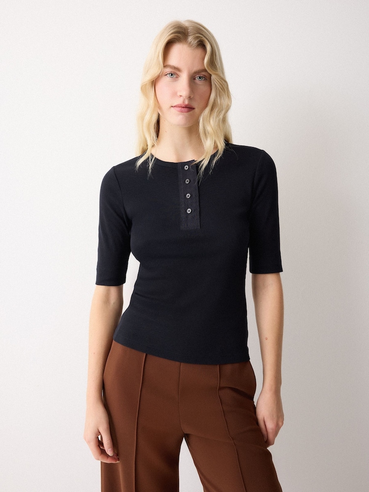 Jigsaw Black Fine Rib Half Sleeve Henley T-Shirt - Image 1 of 2