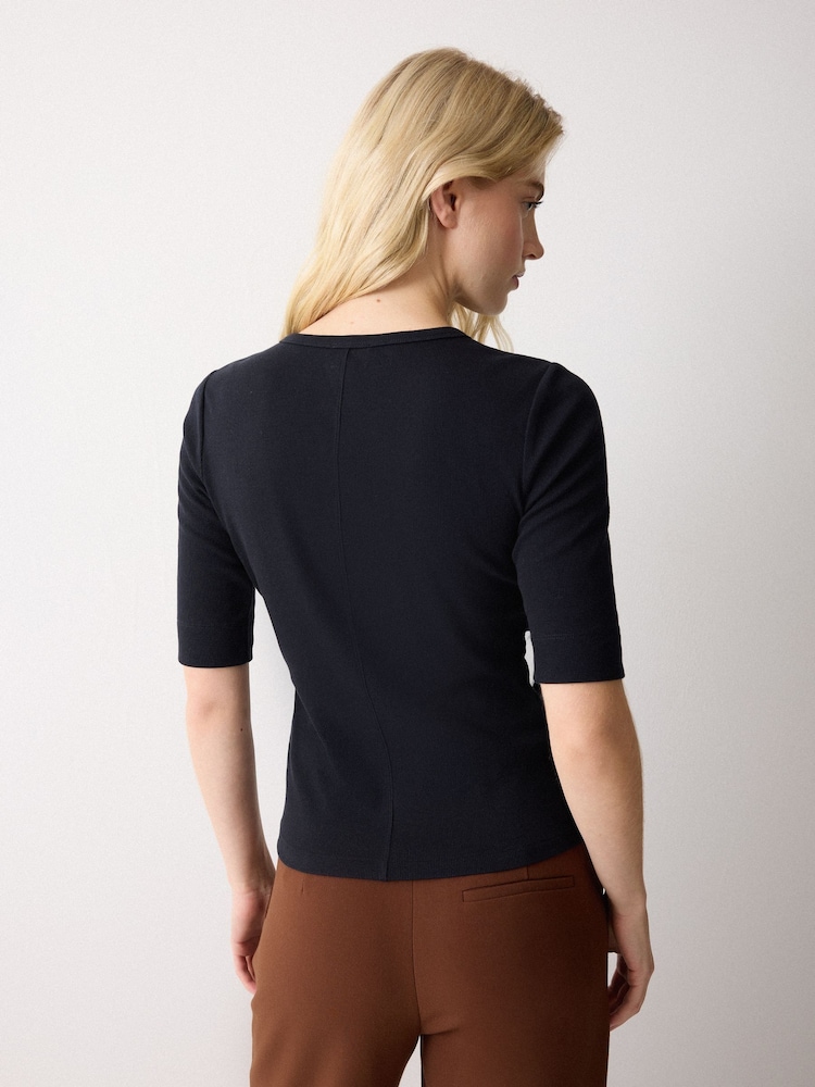 Jigsaw Black Fine Rib Half Sleeve Henley T-Shirt - Image 2 of 2