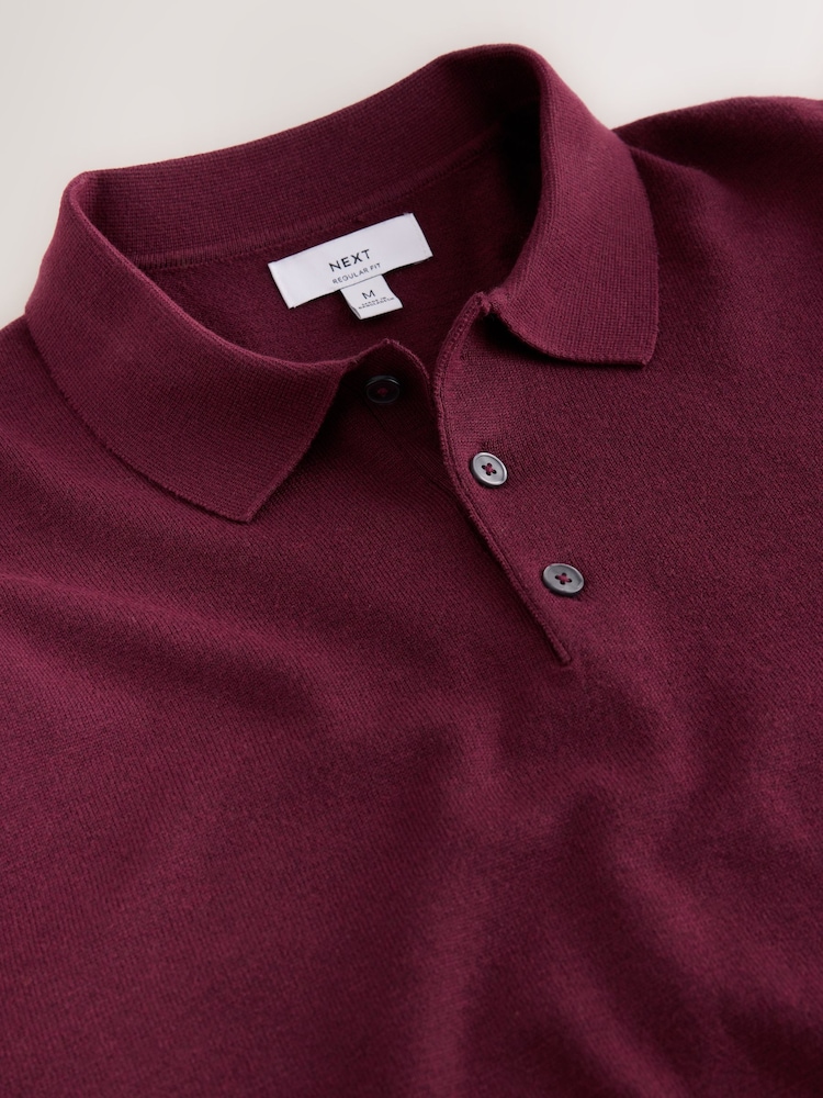 Burgundy Red Regular Fit Knitted Polo Shirt - Image 3 of 3 Burgundy Red Regular Fit Knitted Polo Shirt - Image 3 of 3