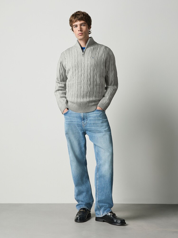 Pelēks - Quarter Zip Cable Knit Jumper - Attēls 1 no 4