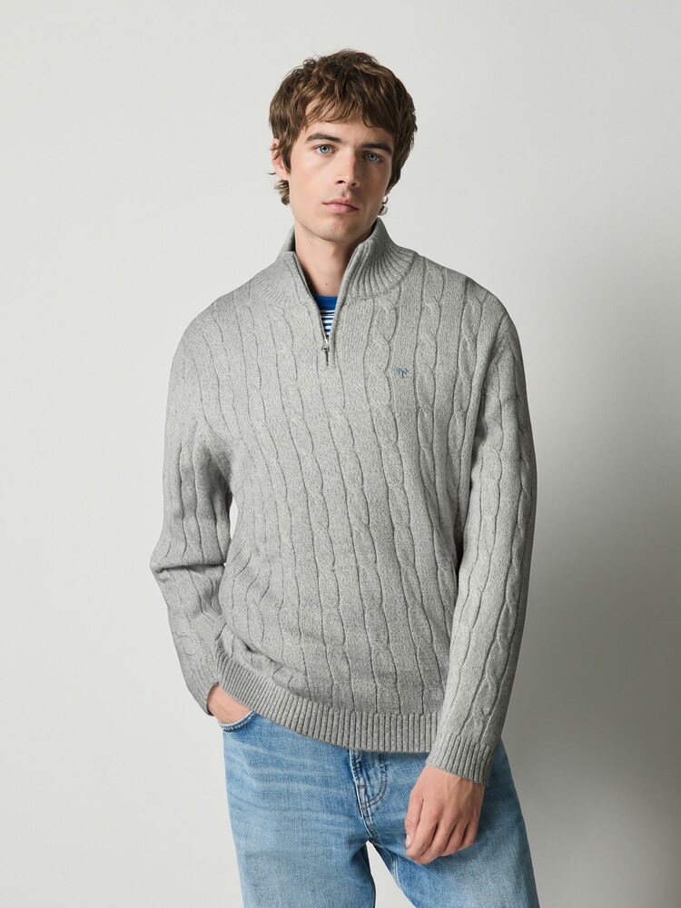Pelēks - Quarter Zip Cable Knit Jumper - Attēls 2 no 4
