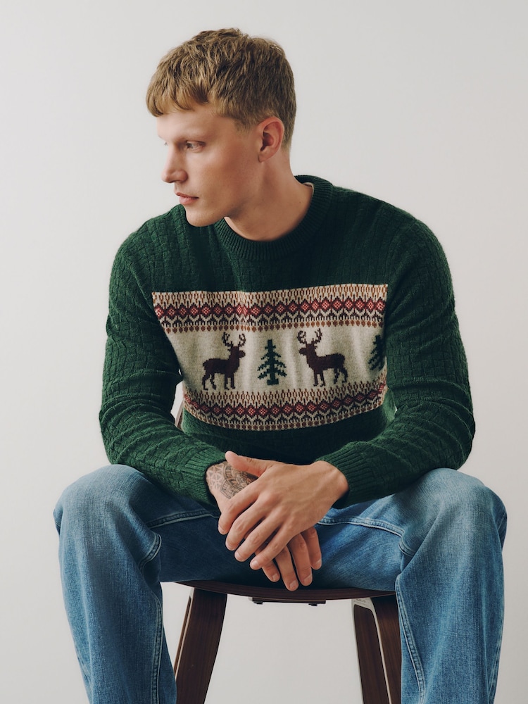 Green Reindeer Crew Neck Christmas Jumper - Image 1 of 9 Green Reindeer Crew Neck Christmas Jumper - Image 1 of 9