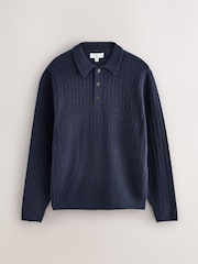 Blue Cosy Knit Polo Shirt with Wool - Image 6 of 8