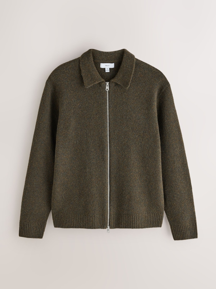 Khaki Green Cosy Knitted Zip Through Jacket - Image 1 of 3