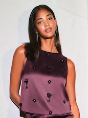Friends Like These Burgundy Red Premium Satin Embellished Top - Image 4 of 4