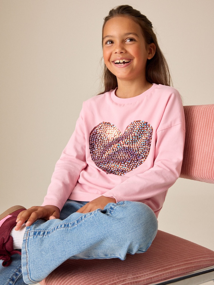 Roze - Top met Lange mouwen en hart met pailletten (3-16jaar) - Afbeelding 1 van 9
