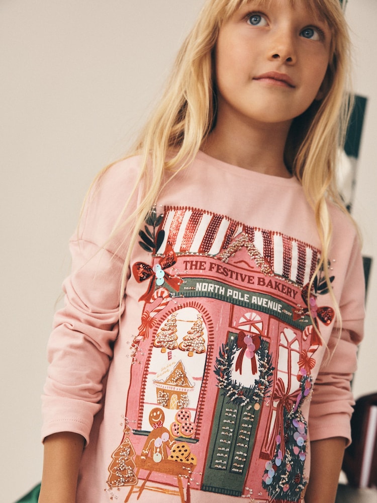 Pink Christmas House - Top de manga larga con lentejuelas (3-16 años) - Imagen 1 de 7