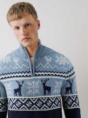 藍色 - Stag Christmas Zip Neck Jumper - 圖片 1，共 5