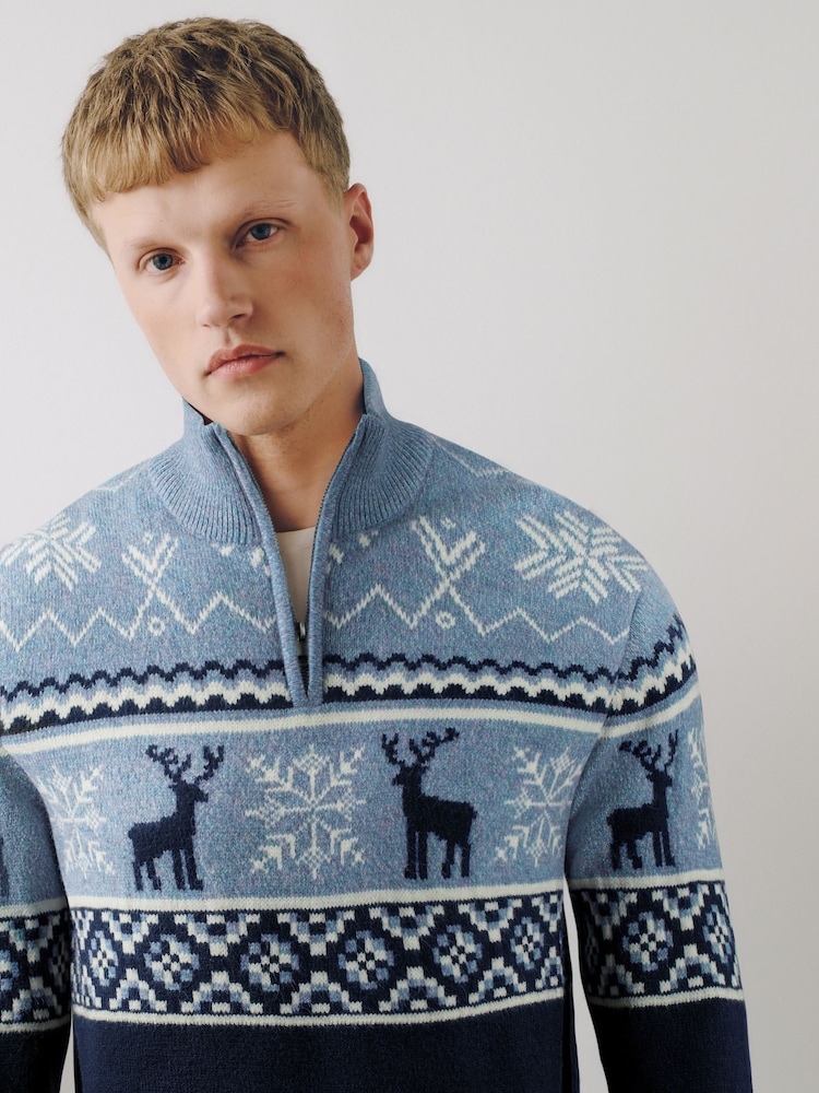藍色 - Stag Christmas Zip Neck Jumper - 圖片 1，共 5