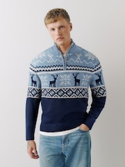 藍色 - Stag Christmas Zip Neck Jumper - 圖片 2，共 5