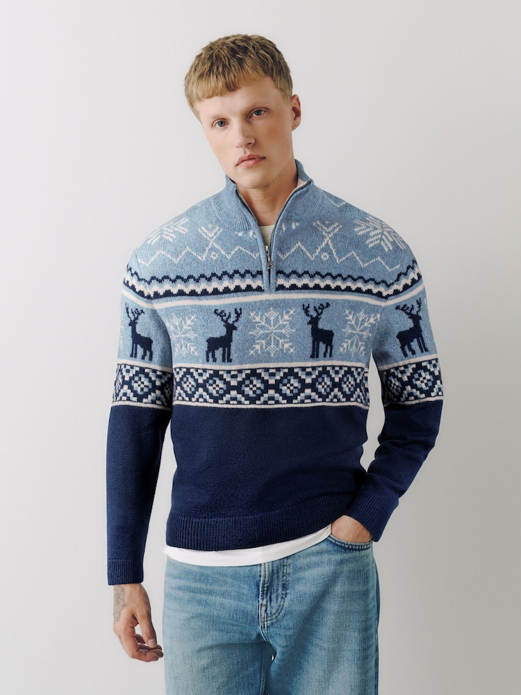 藍色 - Stag Christmas Zip Neck Jumper - 圖片 2，共 5
