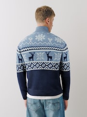 藍色 - Stag Christmas Zip Neck Jumper - 圖片 3，共 5