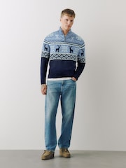 藍色 - Stag Christmas Zip Neck Jumper - 圖片 4，共 5