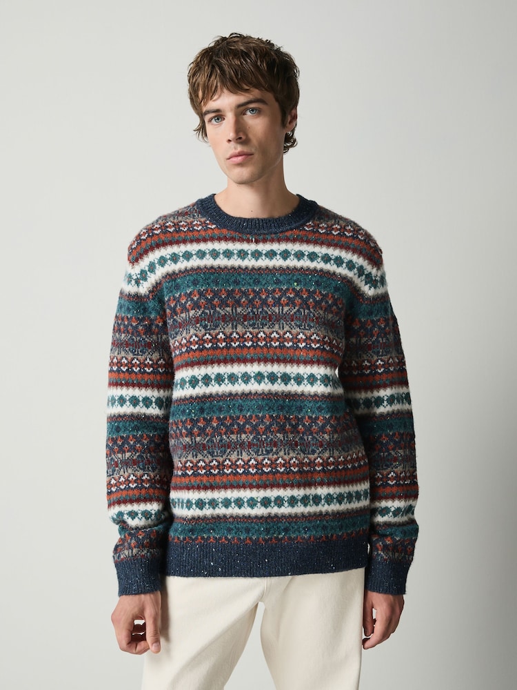 Blue Fairisle Pattern Knitted Crew Neck Jumper - Image 2 of 5
