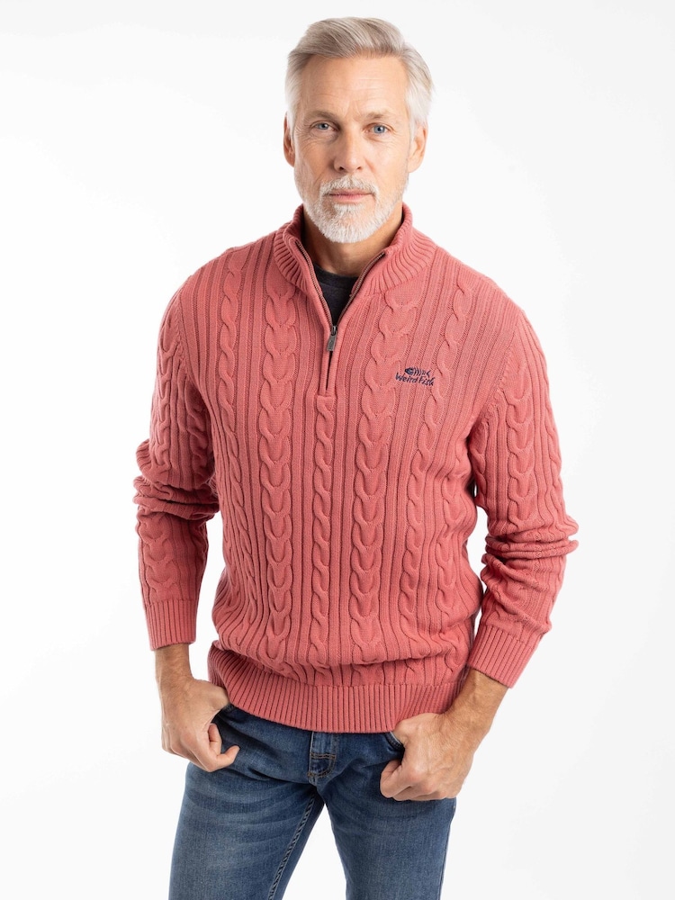 Weird Fish Red Heath 1/4 Zip Cable Knit Jumper - Image 1 of 3