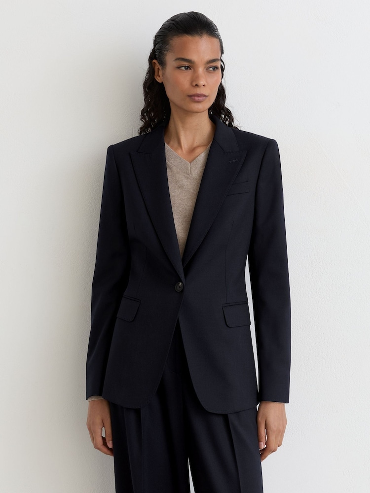 Reiss Navy Solene Petite Wool-Blend Single-Breasted Suit Blazer - Image 1 of 10 Reiss Navy Solene Petite Wool-Blend Single-Breasted Suit Blazer - Image 1 of 10
