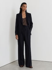 Reiss Navy Solene Wool-Blend Drawstring Wide-Leg Suit Trousers - Image 1 of 6