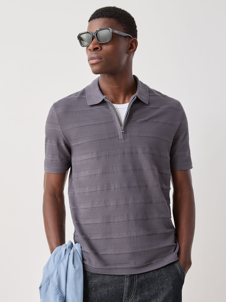 PS Paul Smith Grey Textured Zip Neck Polo Shirt - Image 1 of 4 PS Paul Smith Grey Textured Zip Neck Polo Shirt - Image 1 of 4