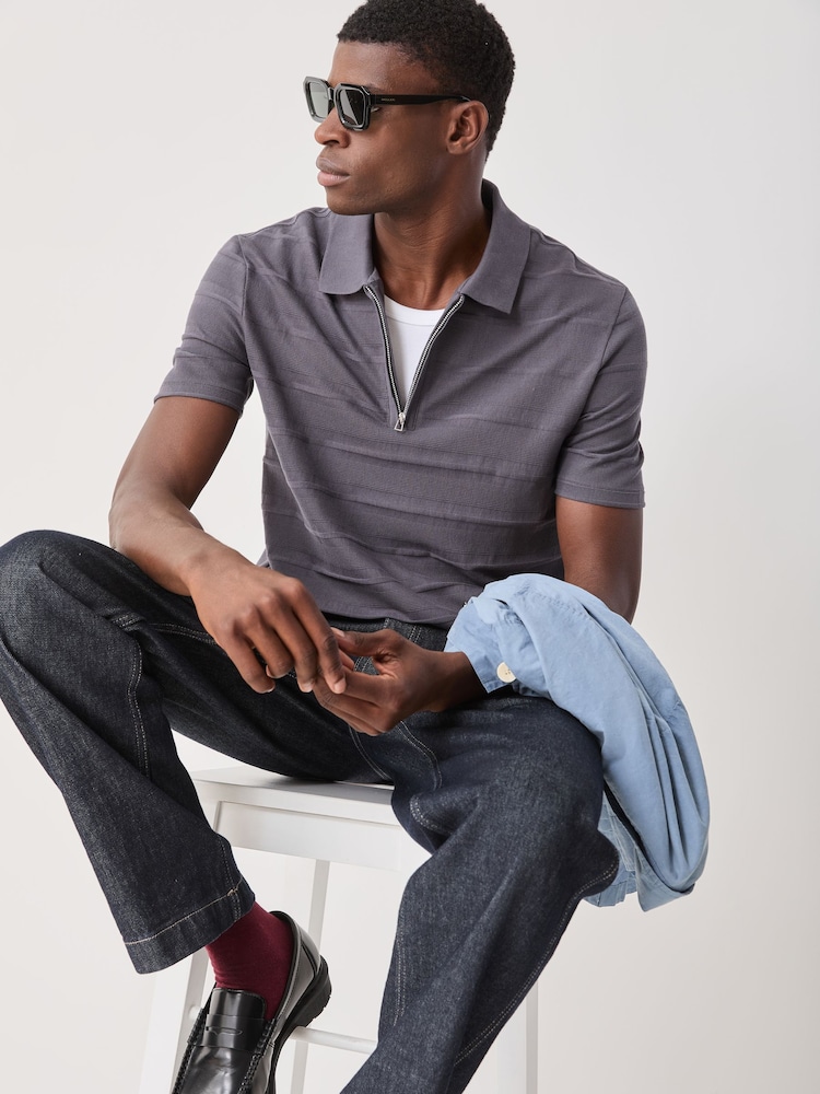 PS Paul Smith Grey Textured Zip Neck Polo Shirt - Image 2 of 4 PS Paul Smith Grey Textured Zip Neck Polo Shirt - Image 2 of 4