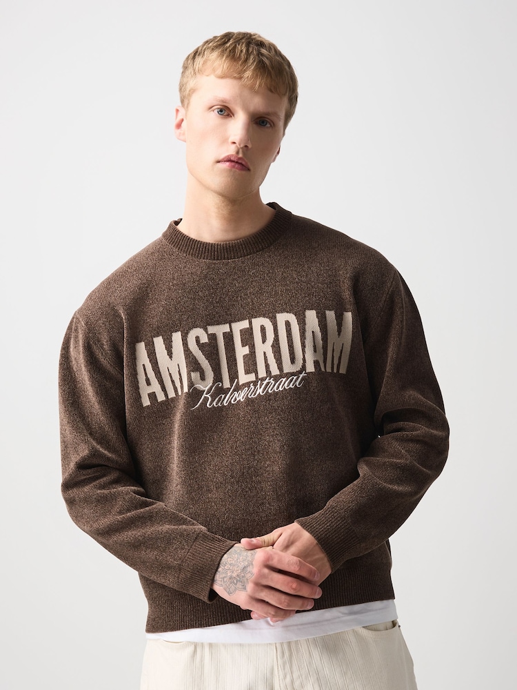 Brown Graphic Chenille Crew Neck Jumper - Image 1 of 8 Brown Graphic Chenille Crew Neck Jumper - Image 1 of 8