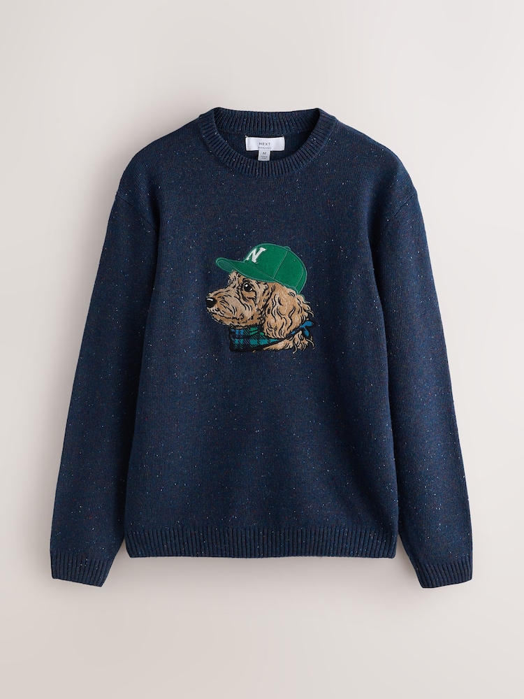 Navy Graphic Knitted Crew Neck Jumper - Image 1 of 3