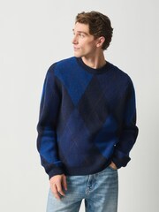 Blue Argyle Relaxed Fit Cosy Crew Neck Jumper with Wool - Image 1 of 4
